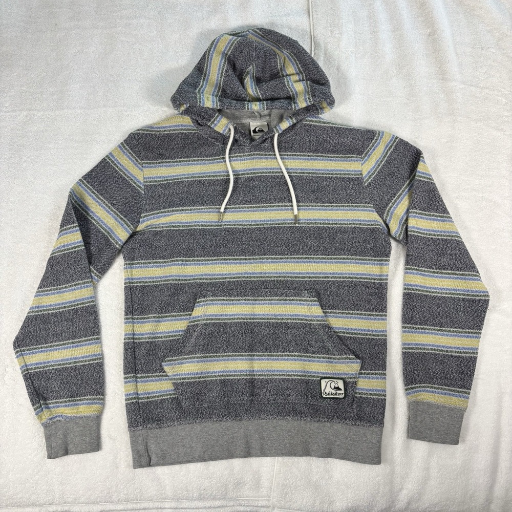 Quiksilver Striped Hoodie Mens Small Gray Blue Yellow Surf Skater Pullover Y2K‎